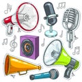 Vector illustration, icons speaker, microphone and speakers. Royalty Free Stock Photo