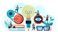 Vector illustration of idea and inspiration in student learning, pencil with lightbulb idea, learn to reach target, looking for Royalty Free Stock Photo