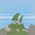 Vector illustration illustration with two curved fir trees on a hill and gray rock stones against a background of green grass and Royalty Free Stock Photo