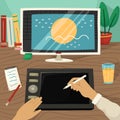 Vector illustration of an illustrator working on a graphic tablet with a monitor. The profession of a graphic designer