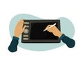 Vector illustration of an illustrator working on a graphic tablet. The profession of a graphic designer