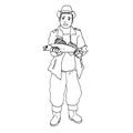 Vector illustration.Image in black outline a cheerful young fisherman in a fishing suit and rubber boots holds a caught fish in