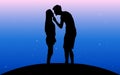 Vector illustration image of a black silhouette of a guy in breeches topless to the waist, holding a girl standing in front of him