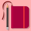 Vector illustration image of a simple pencil with a burgundy notebook with a bookmark and an orange rubber band on a pink