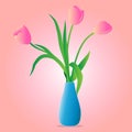 Vector illustration image of spring flowers tulips in the amount of three pieces standing in a blue vase on a gentle pink gradient Royalty Free Stock Photo