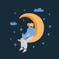 Vector illustration of Image of woman sit on crescent moon and work on laptop on dark backround