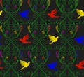 Vector illustration of imaginary nature plants and colorful flying birds seamless pattern.