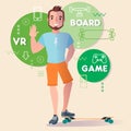 Vector illustration including icons on longboard and game theme. Guy with longboard.
