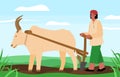 Vector illustration of an Indian farmer plowing field with a harnessed buffalo