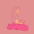 Vector illustration of Indian woman in traditional clothes sari and dupatta with lotus Royalty Free Stock Photo