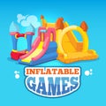 Vector illustration of inflatable castles and children hills on playground