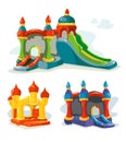 Vector illustration of inflatable castles and children hills on playground