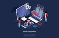 Vector Illustration With Infographic Of Cloud Computation Concept. 3D Isometric Art Of Computer Screen, Laptop And