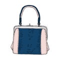 Vector illustration from ink hand drawn sketch of a hand bag colored in pastel pale pink and indigo blue color blocks of Royalty Free Stock Photo