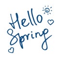 Vector illustration with inscription Hello Spring in hand lettering style with hearts. Classic blue colour