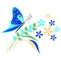 Vector illustration of insect, blue butterfly, flowers and branches with leaves, isolated on the white background