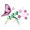 Vector illustration of insect, violet butterfly, flowers and branches with leaves, isolated on the white background Royalty Free Stock Photo