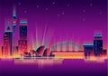 Vector illustration, inspired by 80s disco music, 3d background, neon, Sydney, Australia at sunset, theater. Vector