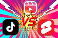 Vector illustration of Instagram Reels, TikTok and Yotube Shorts icons. Short video sharing platform TikTok vs Instagram Reels vs