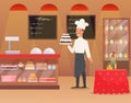 Vector Illustration an interior of bakery with man baker Chef character holding the cake. Male in uniform, chef in white Royalty Free Stock Photo