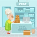 Vector illustration of the interior of the post office in a nice light blue tones. An old lady woman with glasses sends