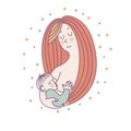 Vector illustration for international breastfeeding week. The baby sucks the mother`s breast. Linear illustration Royalty Free Stock Photo