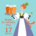 Vector illustration for invitation cards and flyers for Saint Patrick`s Day party with happy girl in traditional costume holding