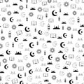 Vector illustration of islamic holy Ramadan seamless pattern with mosque, moon, lantern, koran