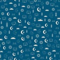 Vector illustration of islamic holy Ramadan seamless pattern with mosque, moon, lantern, koran