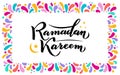 Vector illustration. Islamic Ramadan Kareem greeting gold lettering text, moon, festive colorfull square frame. confetti