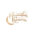 Vector illustration. Islamic Ramadan Kareem greeting beautiful gold lettering text with moon, stars on white background