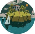 illustration with an island among the ocean, stars, yachts