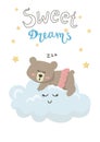 Vector illustration isolated cartoon cute bear girl sleeping on a cloud and lettering Sweet dreams Royalty Free Stock Photo