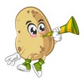 vector illustration of cute potato mascot character blowing party trumpet