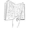 Isolated hand turning over a book page in black and white colors, outline hand painted drawing