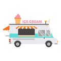 Vector illustration isolated ice cream car on white background. Delivery ice cream cone tasty dessert. Street Food Truck concept. Royalty Free Stock Photo