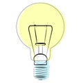 Vector illustration of isolated old burning light bulb on white background. Contour and color are used. Royalty Free Stock Photo