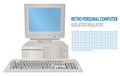 Vector illustration of isolated realistic retro personal computer. 3D Old PC with display, keyboard. Old school computer.