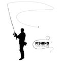 Isolated silhouette of fisherman. Fisher throws spinning Royalty Free Stock Photo