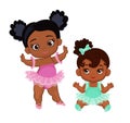 Vector cute little baby African American ballerinas in tutu dresses.