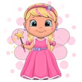 Cute cartoon fairy girl in a pink dress holding a magic wand. Royalty Free Stock Photo
