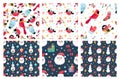 Collection of 6 Christmas and New Year seamless patterns. Santa Claus, Snowman, Cardinal bird, gifts. Vector background.