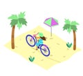 Vector illustration of isometric beach scene with woman riding fatbike among palm trees.