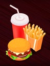 Vector illustration of isometric food - burger, French fries and cola. Fast food concept. Tasty snack. Royalty Free Stock Photo