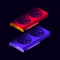 Vector illustration isometric GPU for mining cryptocurrency, bitcoin, litecoin, video card on dark background