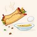 Vector illustration of Israel street falafel roll, plate with hummus and egg. Street food icons.