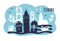 Vector illustration Istanbul with famous turkish landmarks and cute doodle flowers, cat and birds.