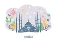 Vector illustration Istanbul with famous turkish landmarks and cute doodle flowers, leaves and plants.