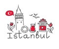 Vector modern doodle illustration with symbols of Istanbul