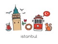 Vector illustration Istanbul with hand drawn doodle turkish symbols: Galata tower, tea glass, tram, simit bagel, seagull, tulip an